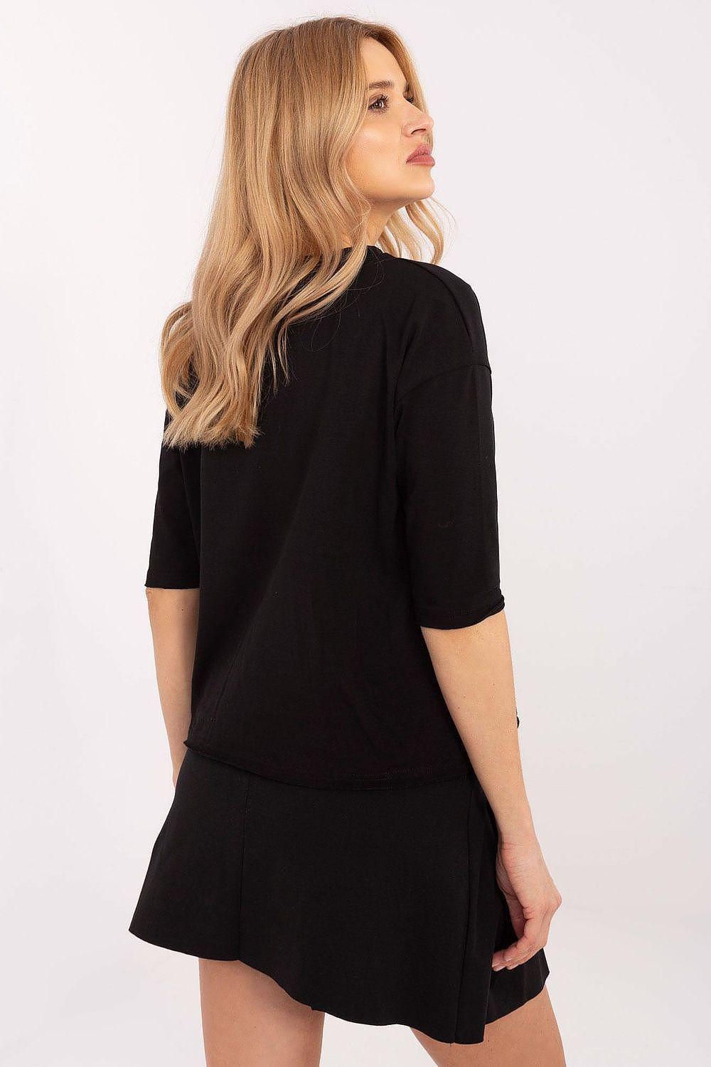 Black short-sleeve blouse with round neck, plain back view