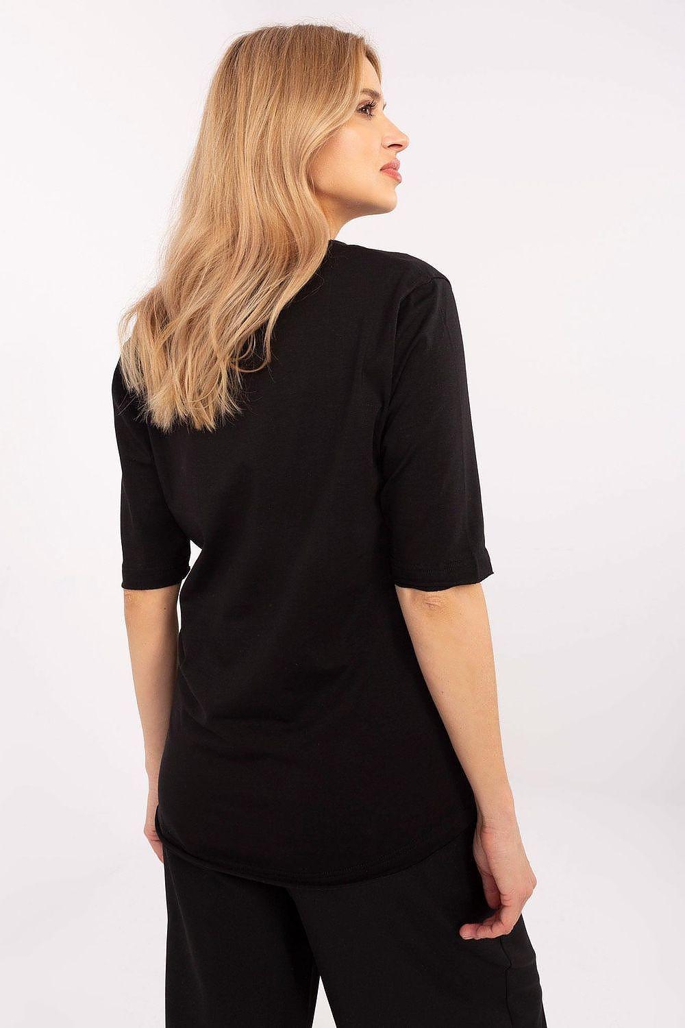 Black 3/4 sleeve blouse, back view, crew neck