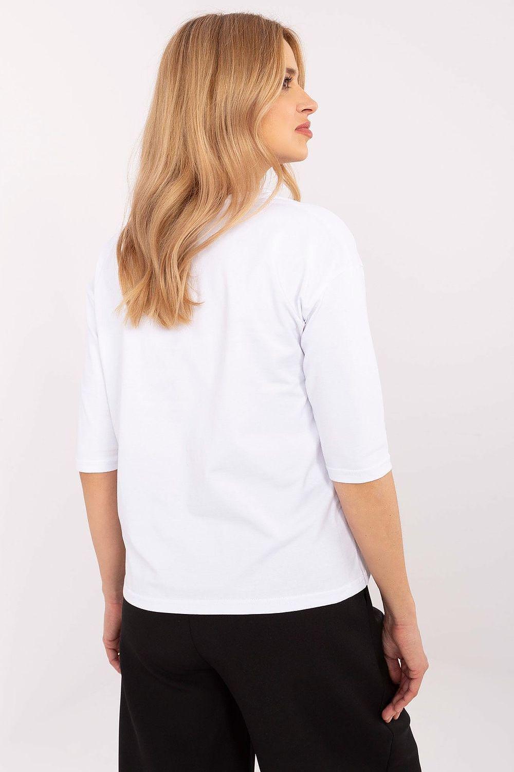 White cotton blouse, back view with 3/4 sleeves and plain hem