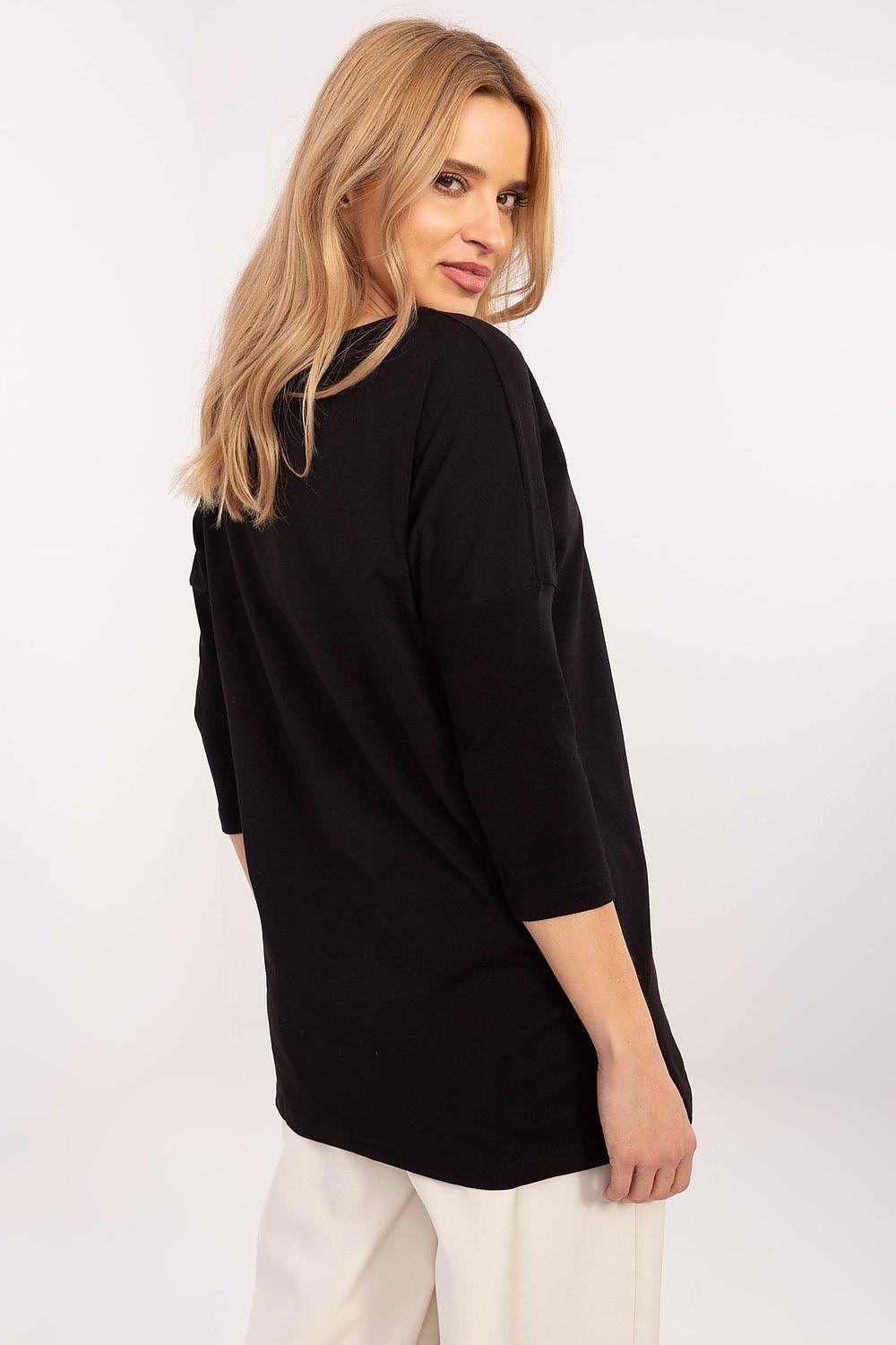 Black blouse with three-quarter sleeves, side view, plain back