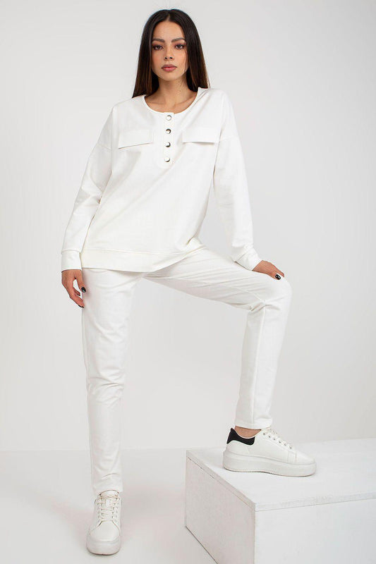 White two-piece sweatshirt and pants set with button placket and matching relaxed fit pants
