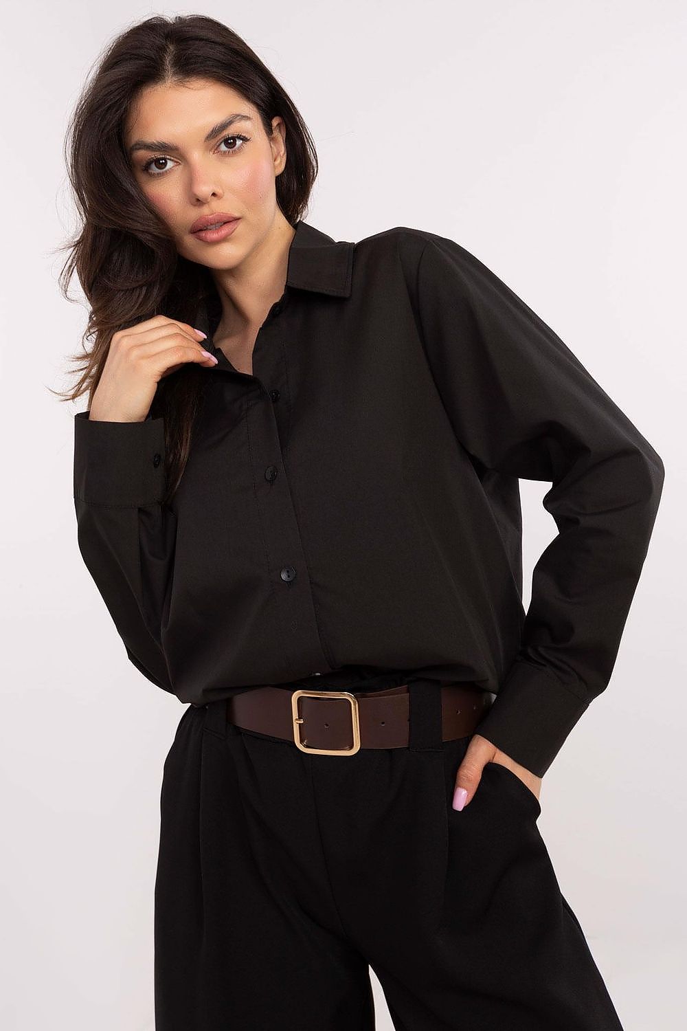 Black cotton button-front shirt with point collar and long sleeves