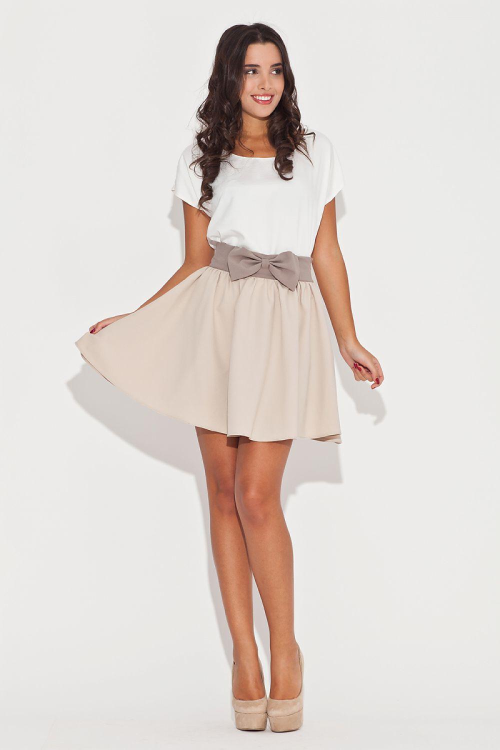 Katrus skirt model 47424 in light beige, gathered waist, pleated A-line mini
