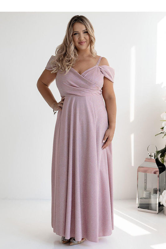 Dusty pink long off-shoulder dress with draped bodice and side slit