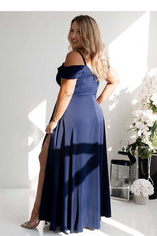 Long navy off-shoulder dress with V-neck, fitted bodice, and pleated flared skirt