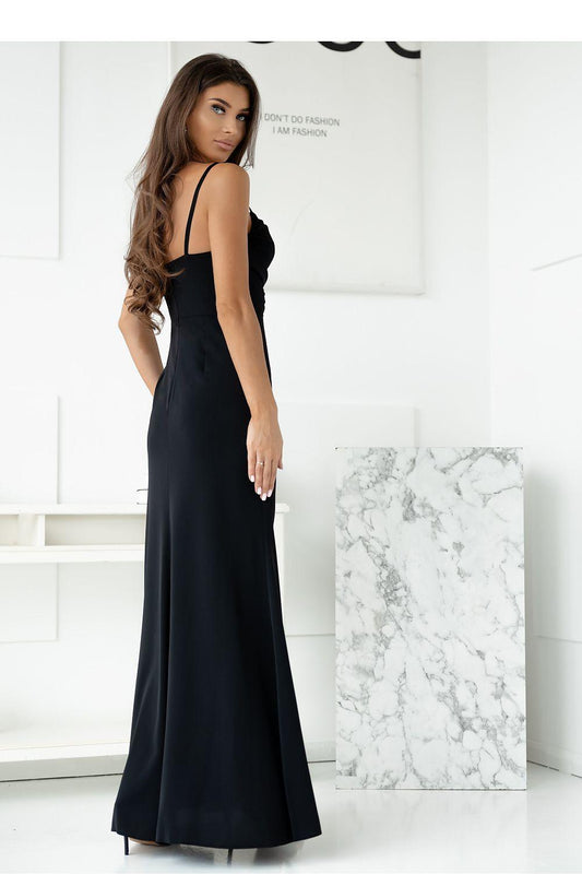 Black fitted maxi dress with spaghetti straps, side slit