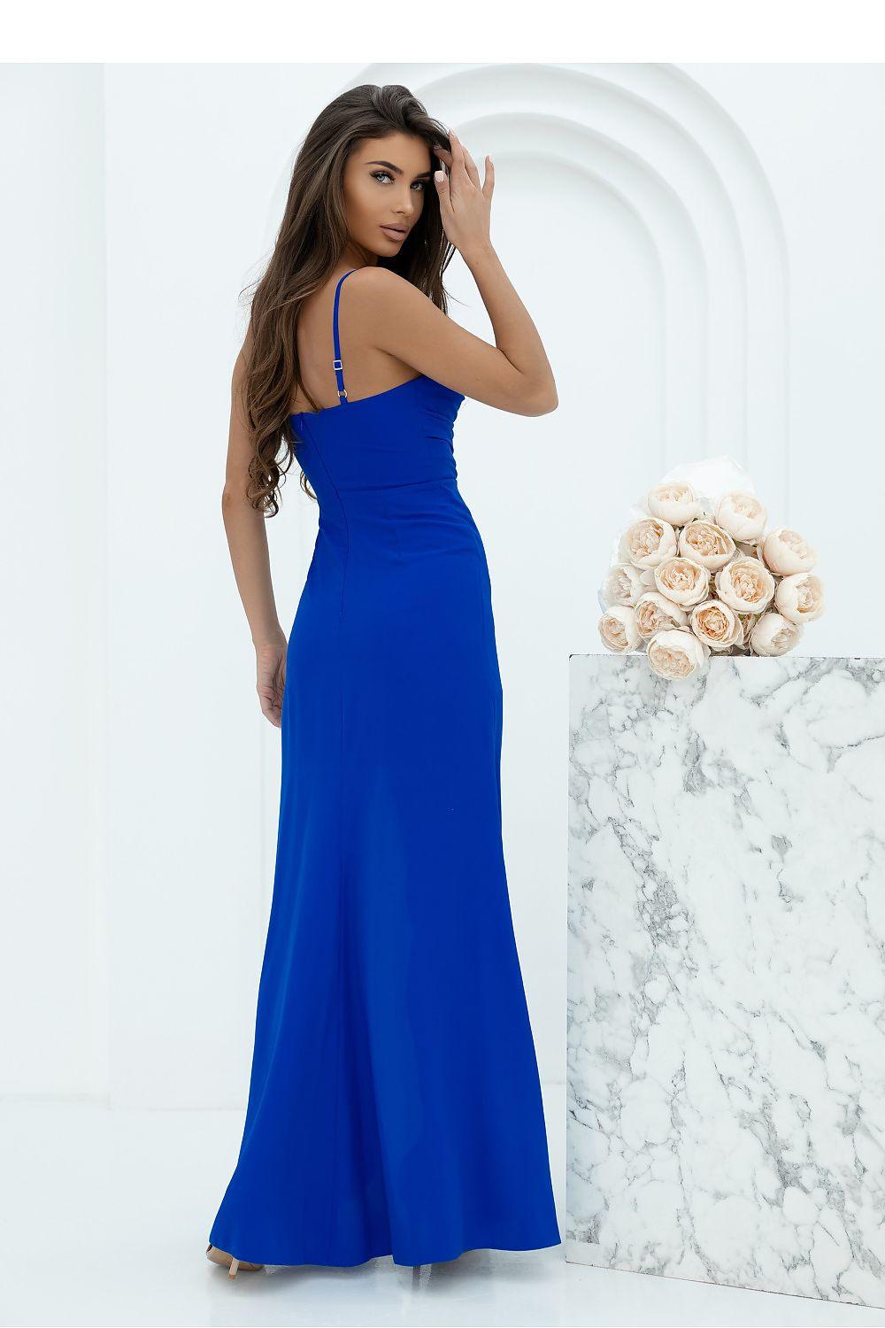Blue long sleeveless maxi dress, spaghetti straps and fitted skirt with front slit