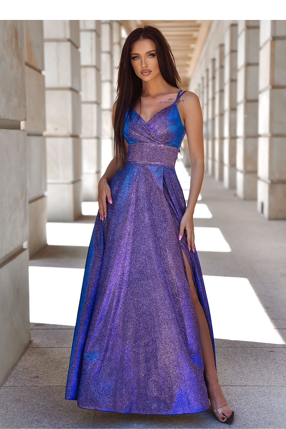 Blue maxi wrap dress with deep V neckline and side slit, fitted bodice and full skirt
