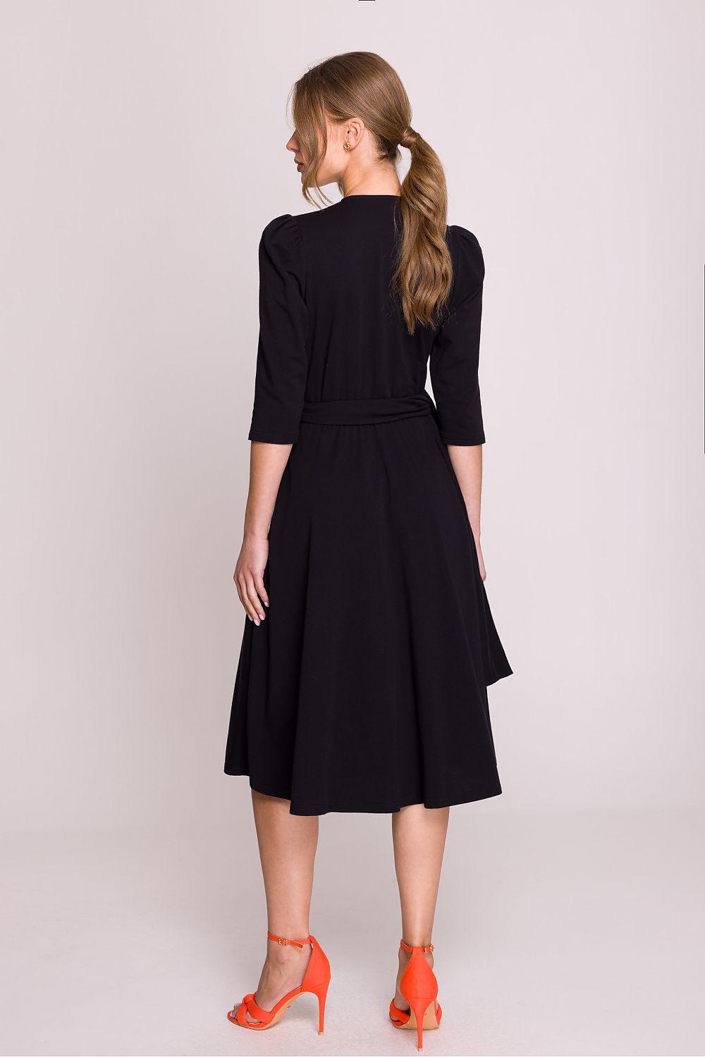 Black V-neck wrap day dress back view with 3/4 sleeves and midi skirt