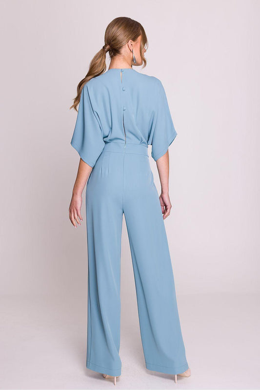 Blue V-neck wide-leg jumpsuit, back view with waist tie