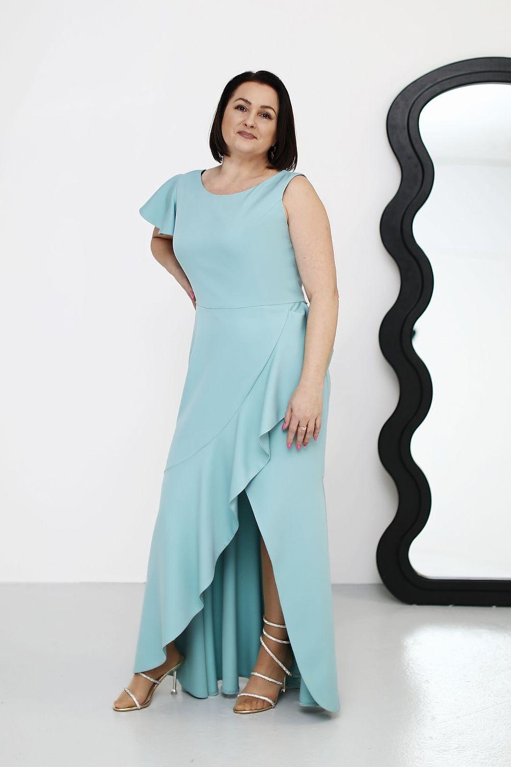 Jersa cocktail dress in light blue, sleeveless, asymmetric hem with side slit