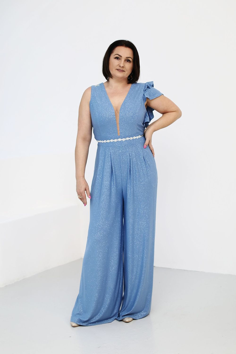 Blue one-shoulder ruffle wide-leg jumpsuit with V-neck and gathered waist