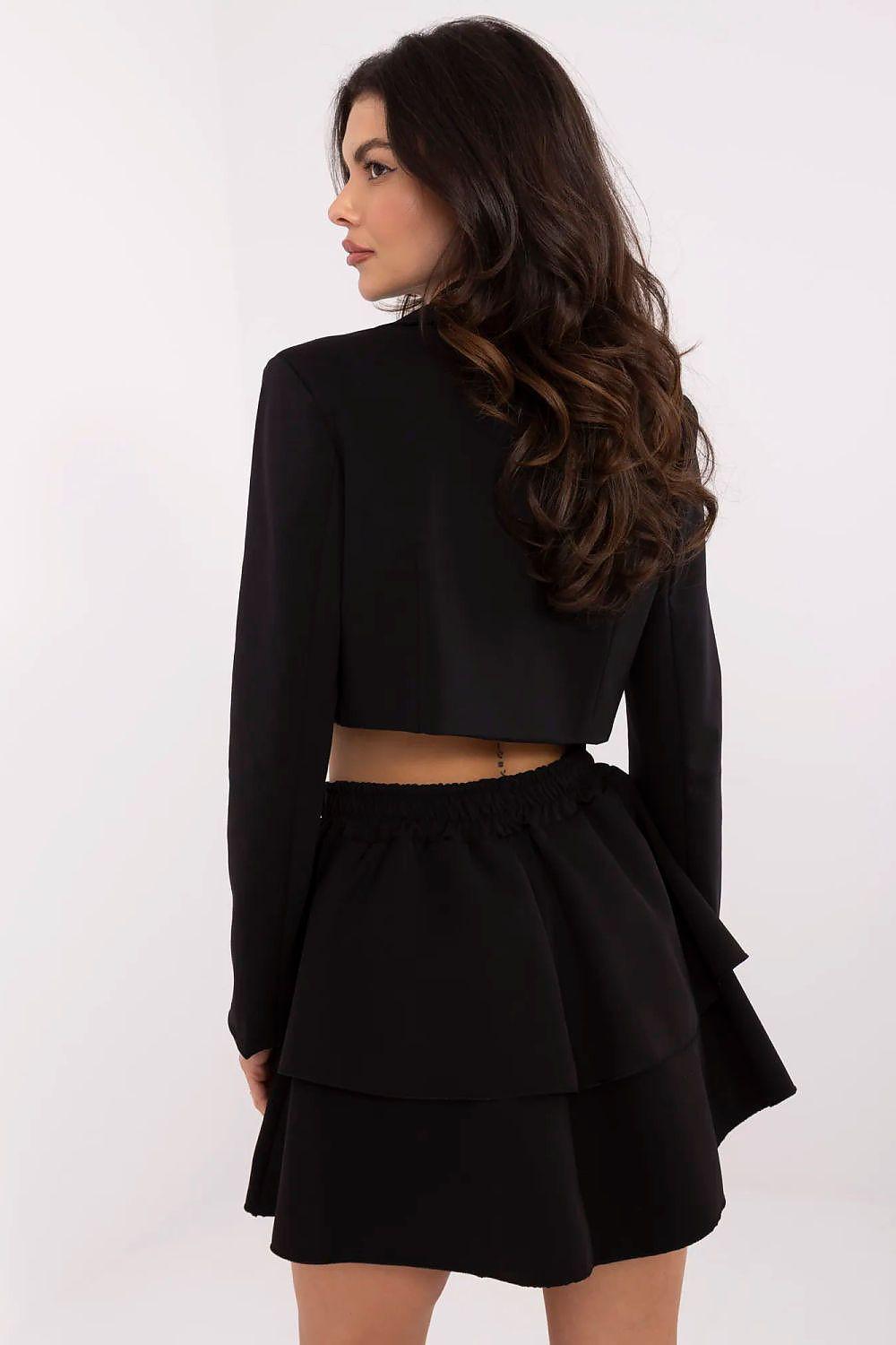 Black tiered short skirt with layered ruffle hem and elastic waistband