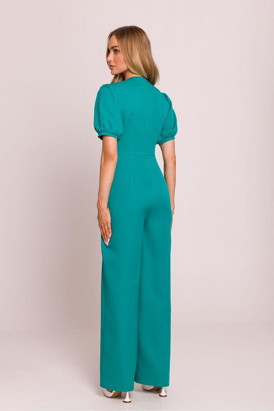Teal back view jumpsuit with short puff sleeves and wide-leg pants