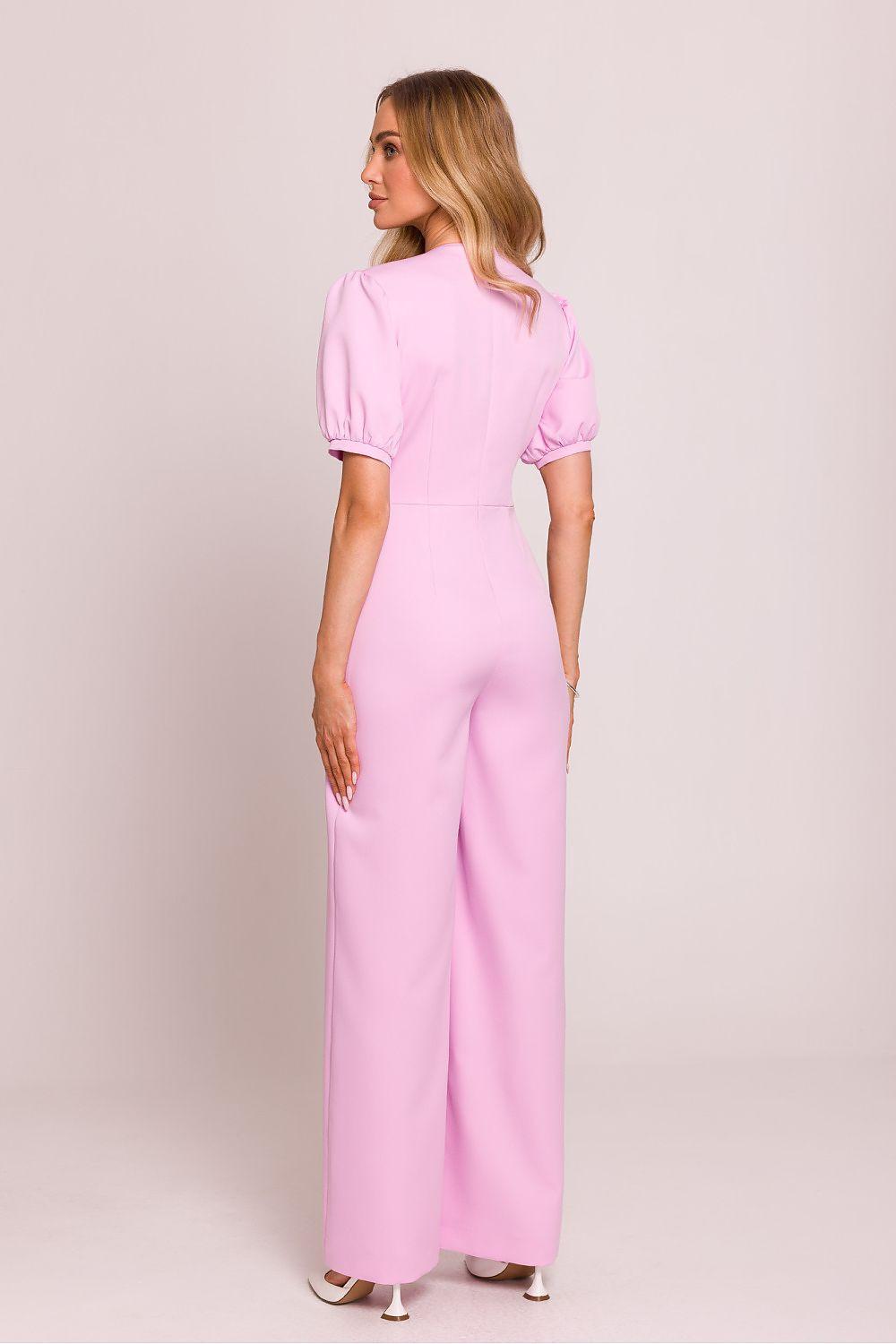 Pink V-neck puff-sleeve wide-leg jumpsuit, side view