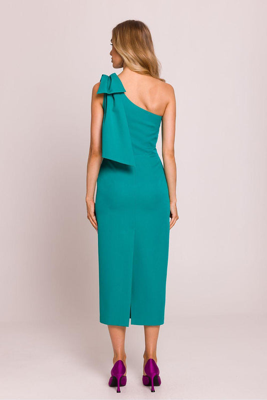 Teal one-shoulder cocktail dress with draped bow back detail, midi pencil