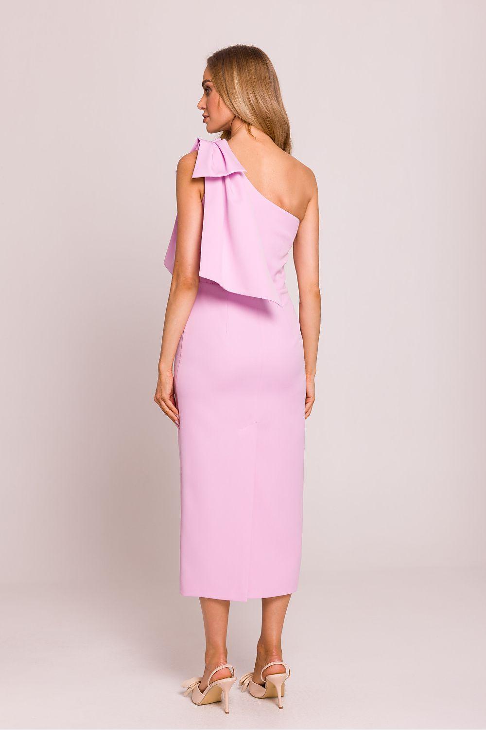Pink one-shoulder cocktail dress with bow shoulder detail and straight midi skirt
