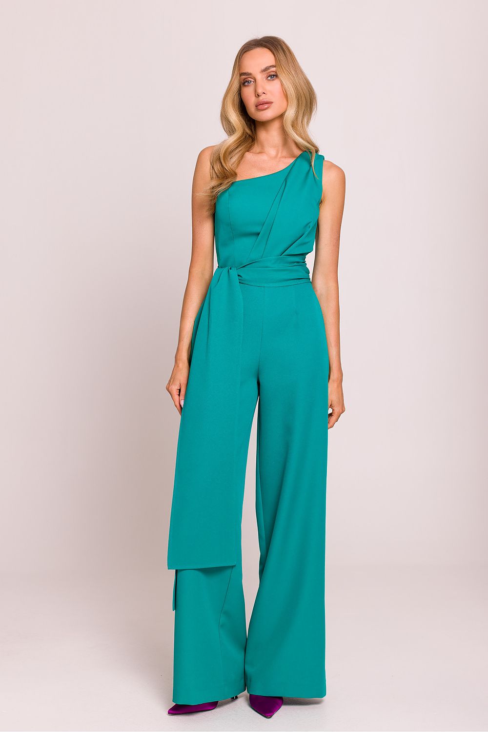 Asymmetrical wide-leg jumpsuit in teal with sleeveless draped wrap front