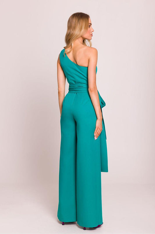 Teal sleeveless jumpsuit in back view with scoop back and wide-leg pants