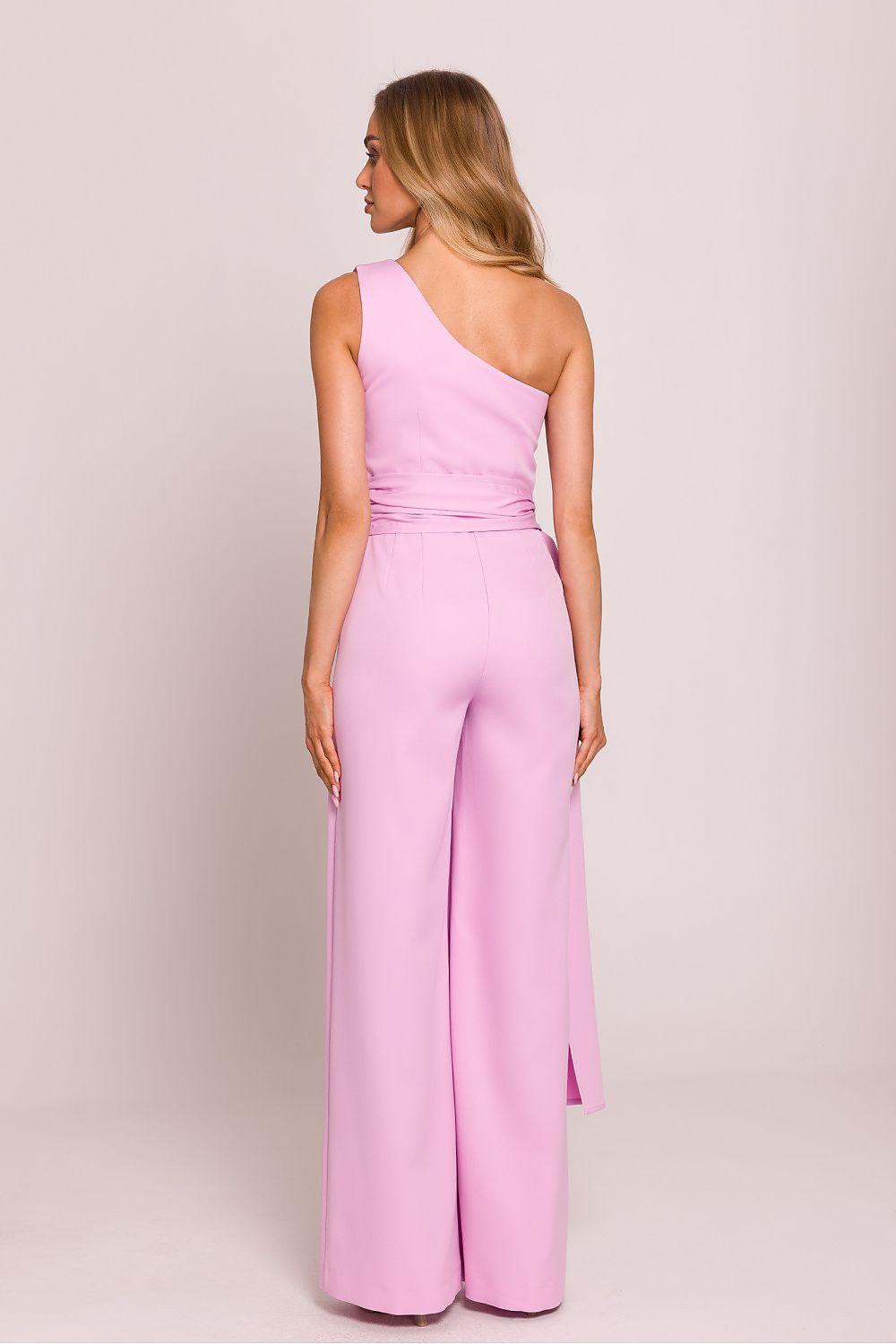 Pink sleeveless wide-leg jumpsuit with one-shoulder design and long drape