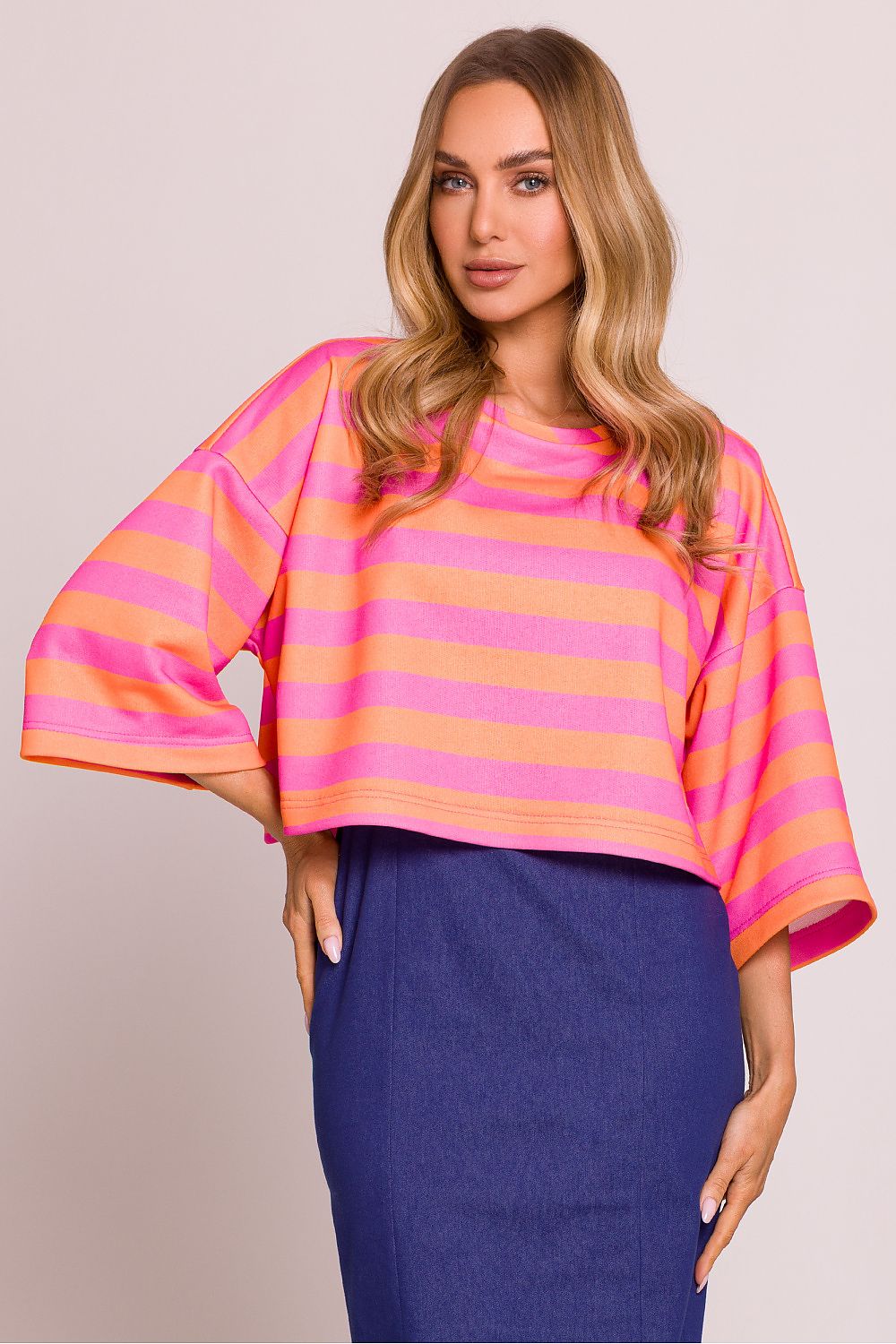 Moe striped oversize knit blouse with 3/4 sleeves, pink and yellow horizontal stripes