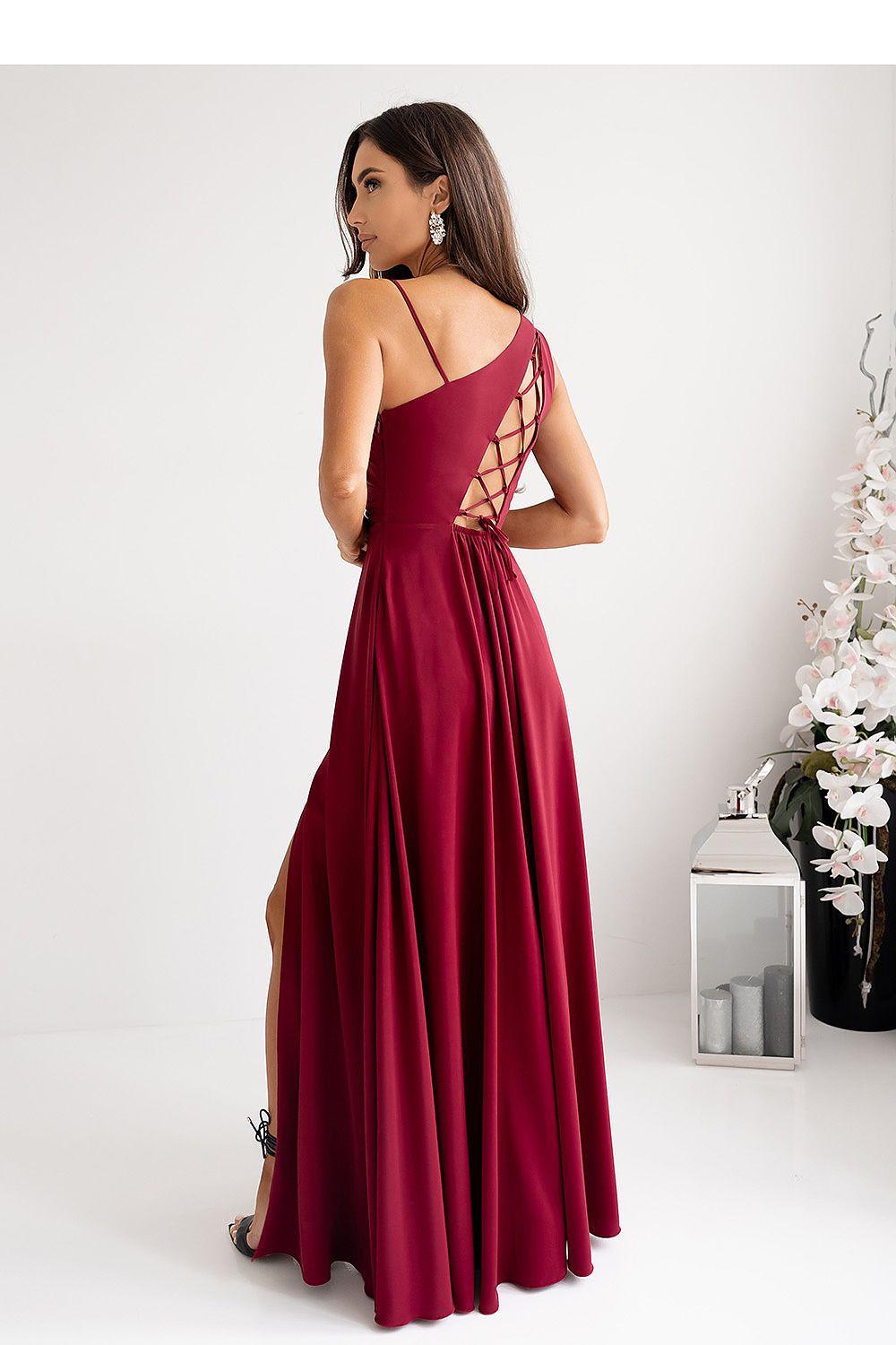 Burgundy long dress with crisscross lace-back detail and flared skirt