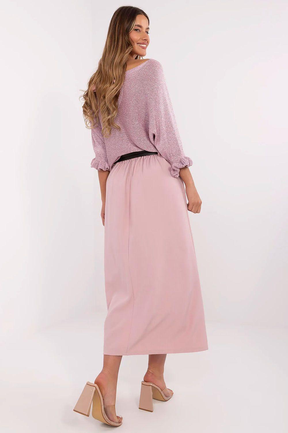 Light pink midi skirt with gathered pleat waist and belt