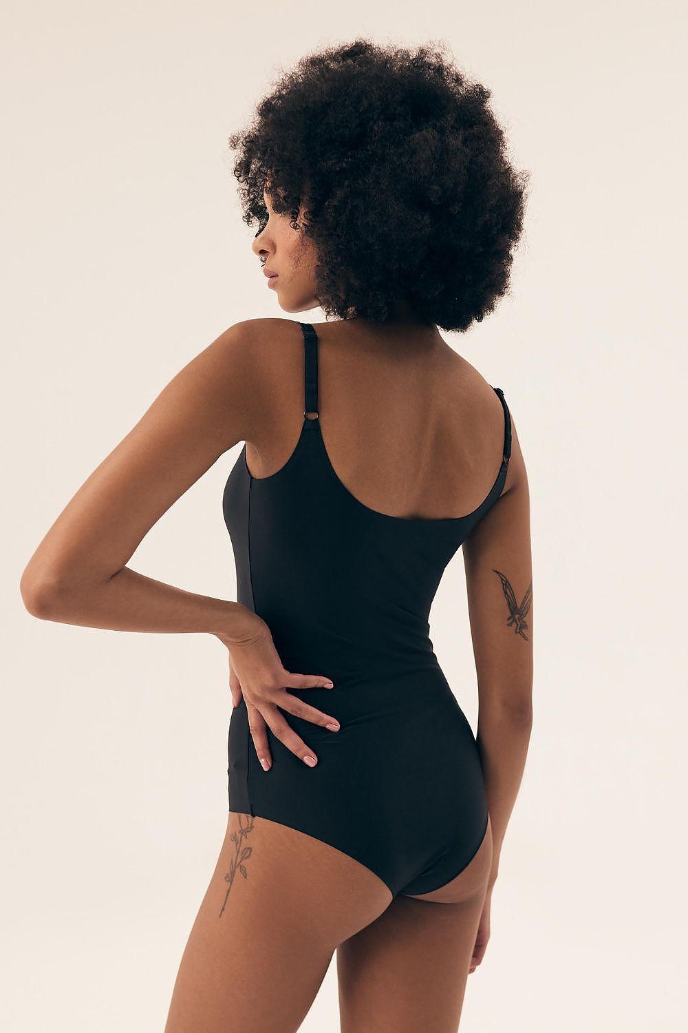 Henderson shapewear bodysuit in black, back view, adjustable straps, high-cut briefs