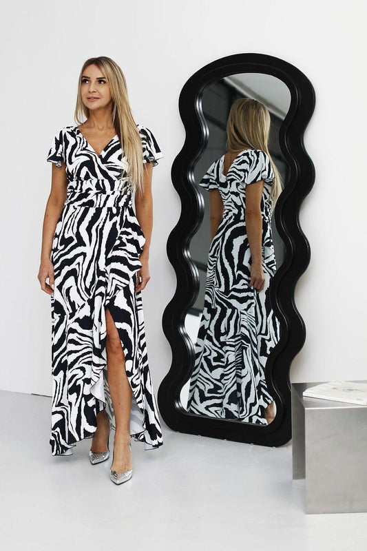 Zebra-print long dress with V-neck, short sleeves, and side slit drape