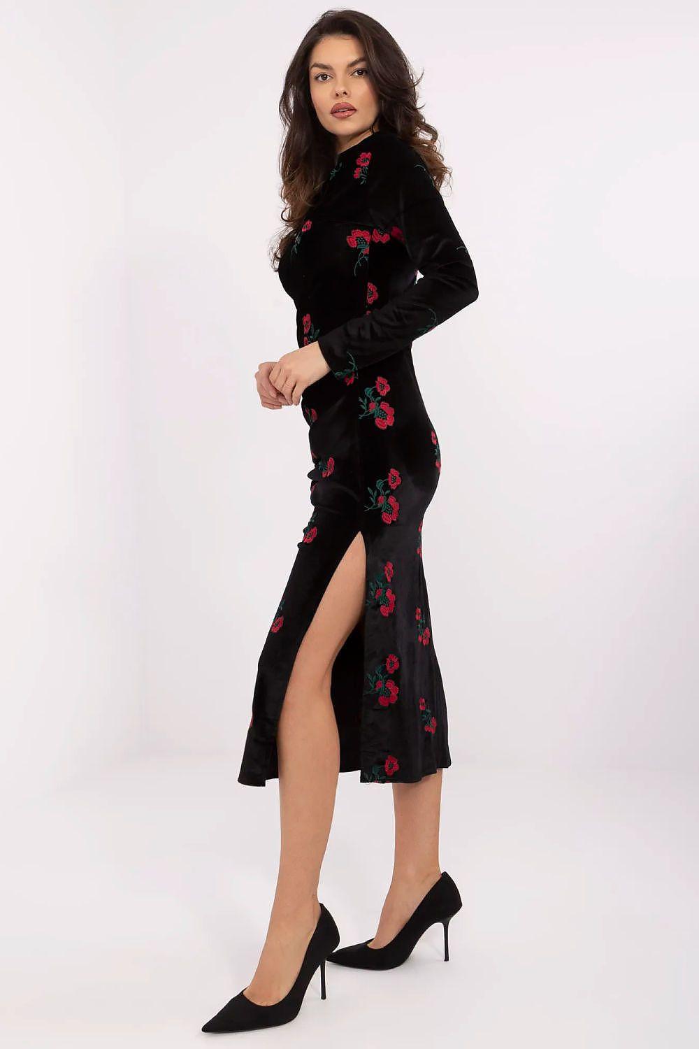 Lakerta evening dress with high neck, long sleeves, floral embroidery, midi front slit