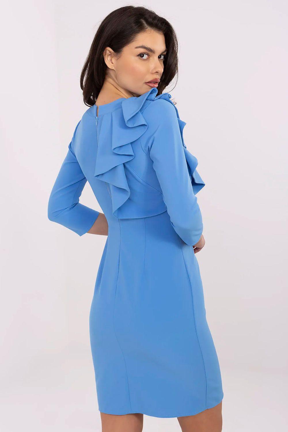 Lakerta cocktail dress in blue, back/side view with layered ruffle shoulder detail
