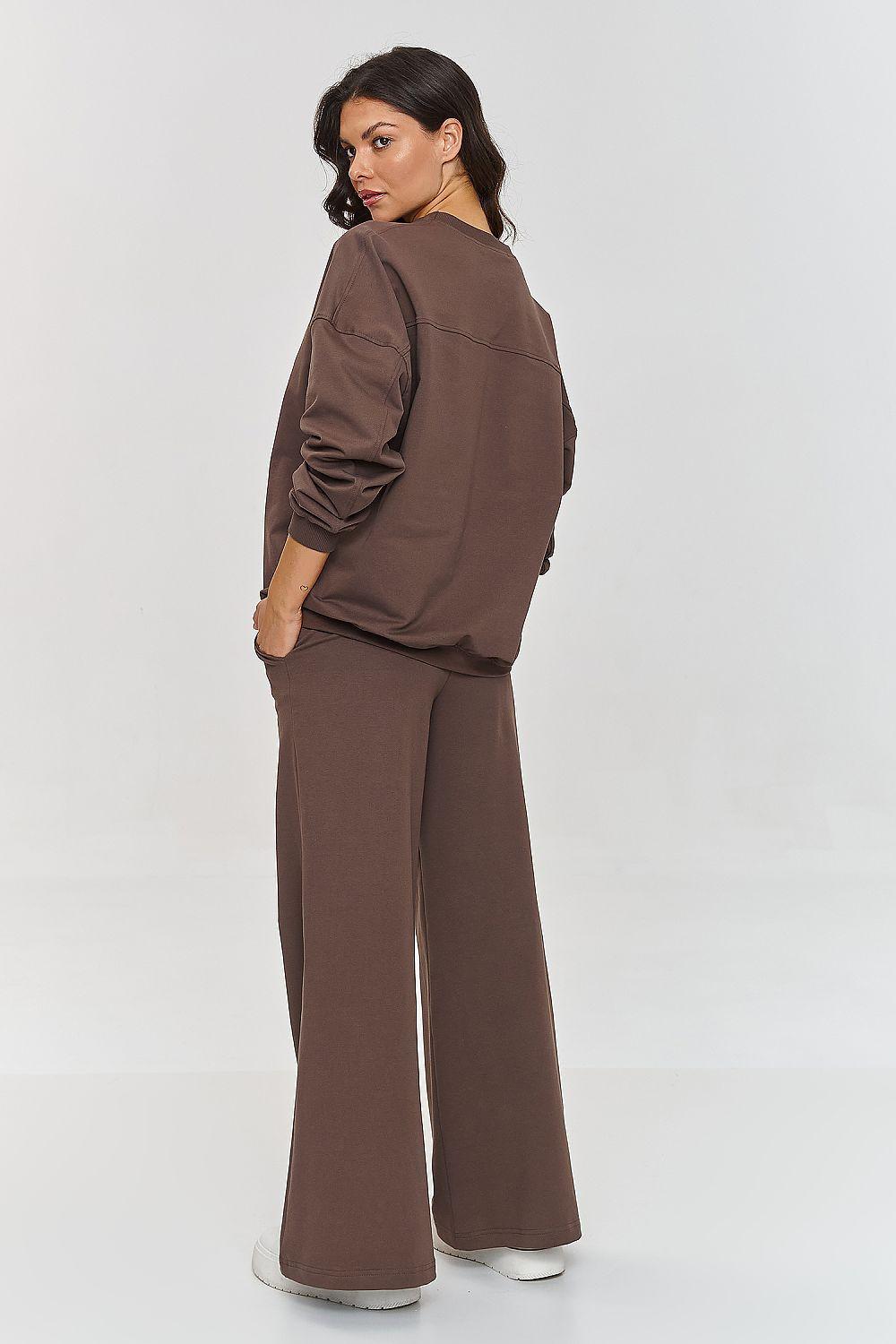Brown lounge set with pullover sweatshirt and wide-leg pants, back view