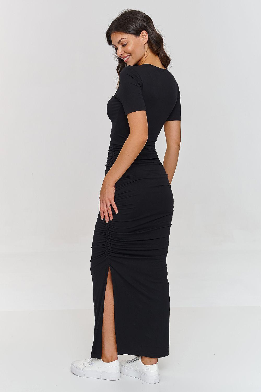 Black daydress with V-neck, short sleeves, ruched fit and front side slit