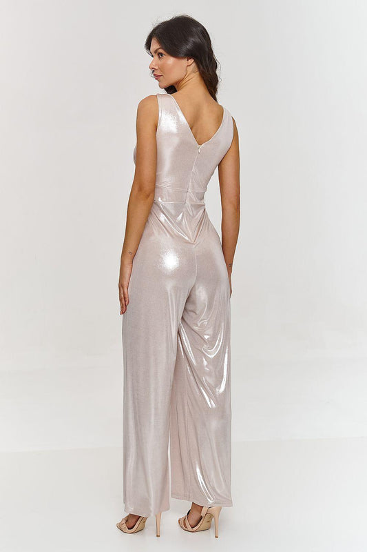 Shimmering sleeveless wide-leg jumpsuit, V-back and ruched waist, light metallic