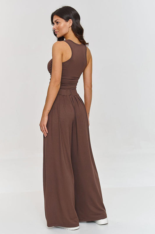 Sleeveless wide-leg jumpsuit set, dark brown side view with scoop neckline and waist gathers