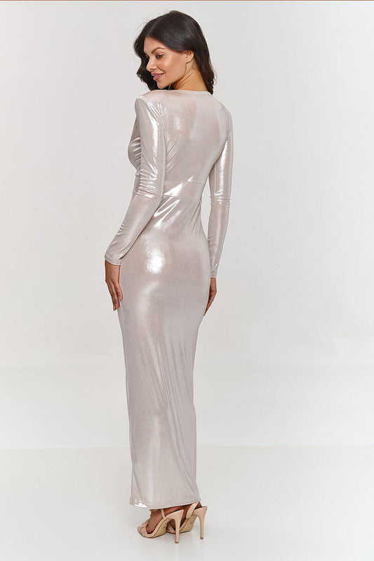 Long dress model 209575 Makadamia in light taupe metallic, V-neck, long sleeves, slit