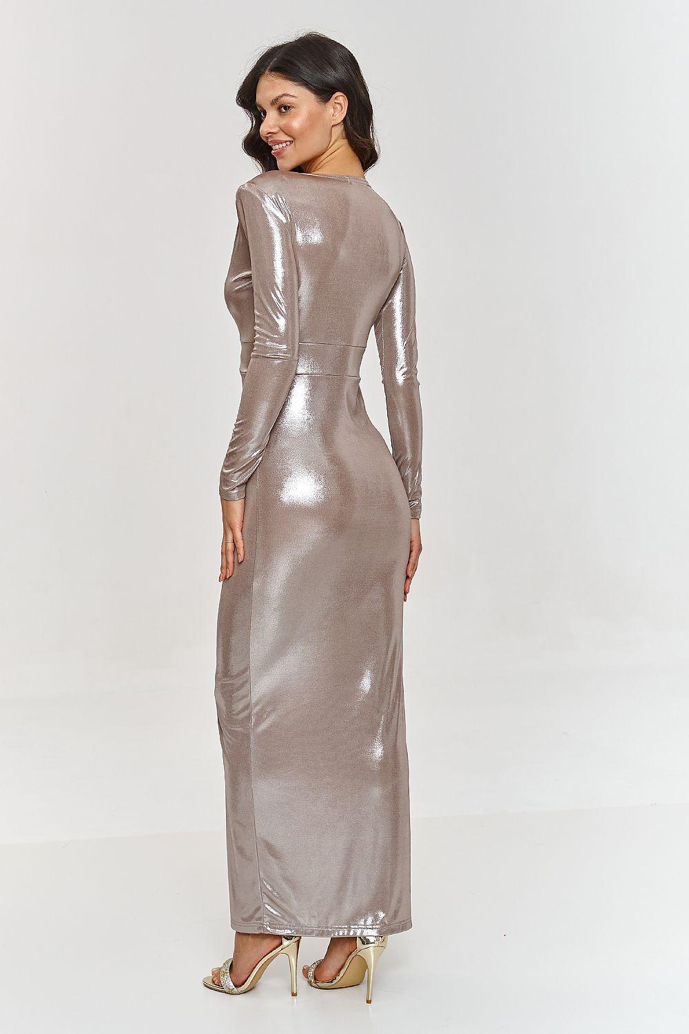 Light taupe metallic long dress with V-neck, long sleeves, ruched waist, front slit
