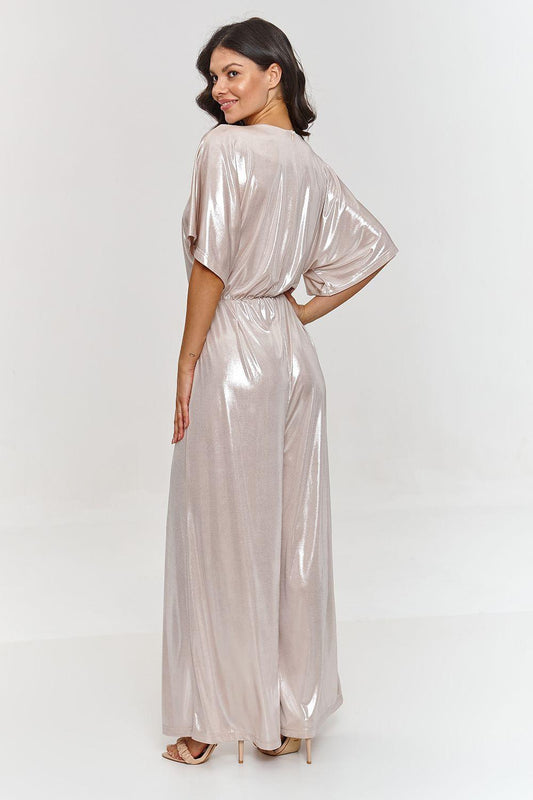 Metallic beige jumpsuit with V-neck, draped kimono sleeves, gathered waist, wide legs.