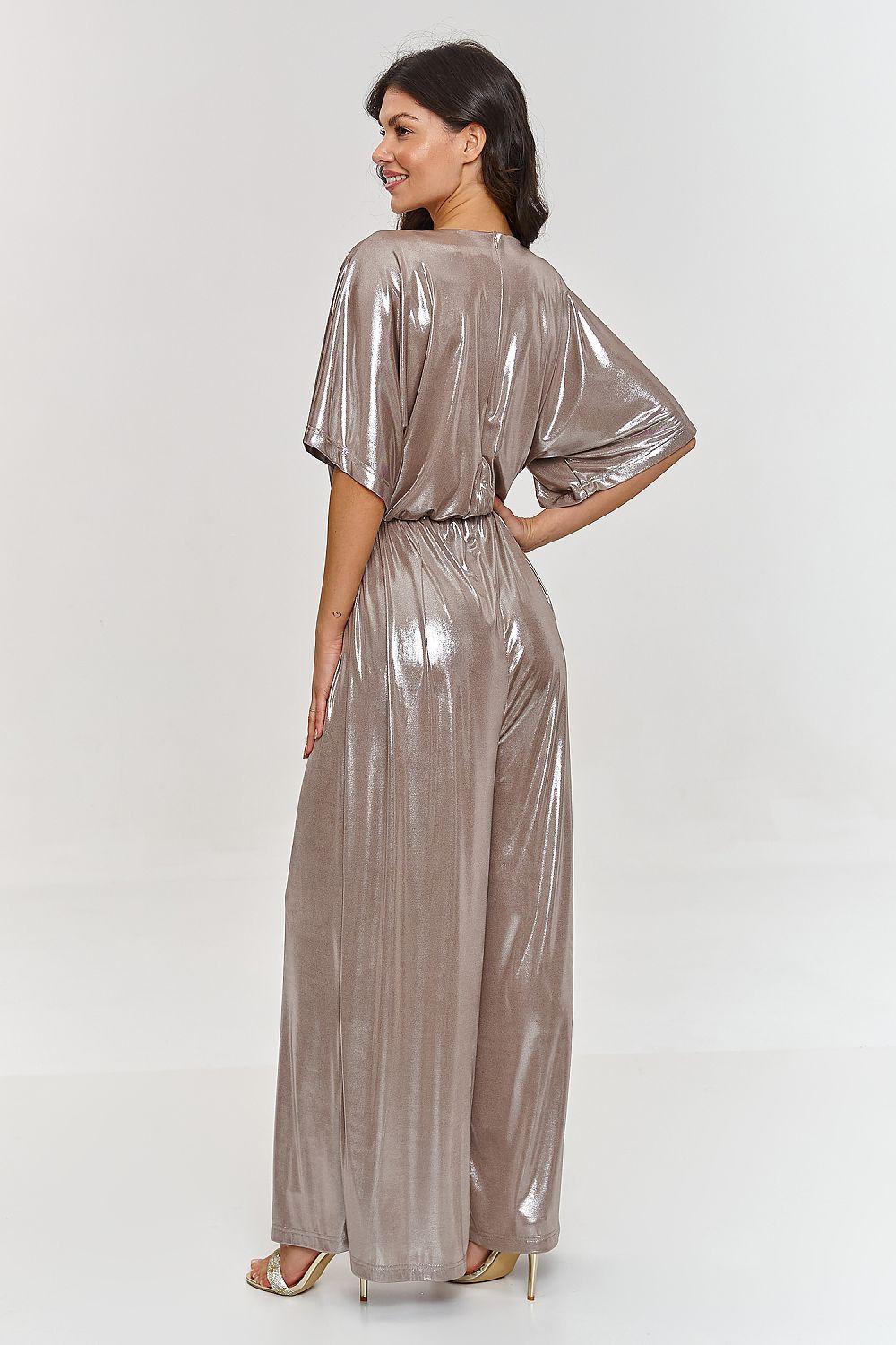 Metallic beige V-neck maxi dress, short sleeves, back view