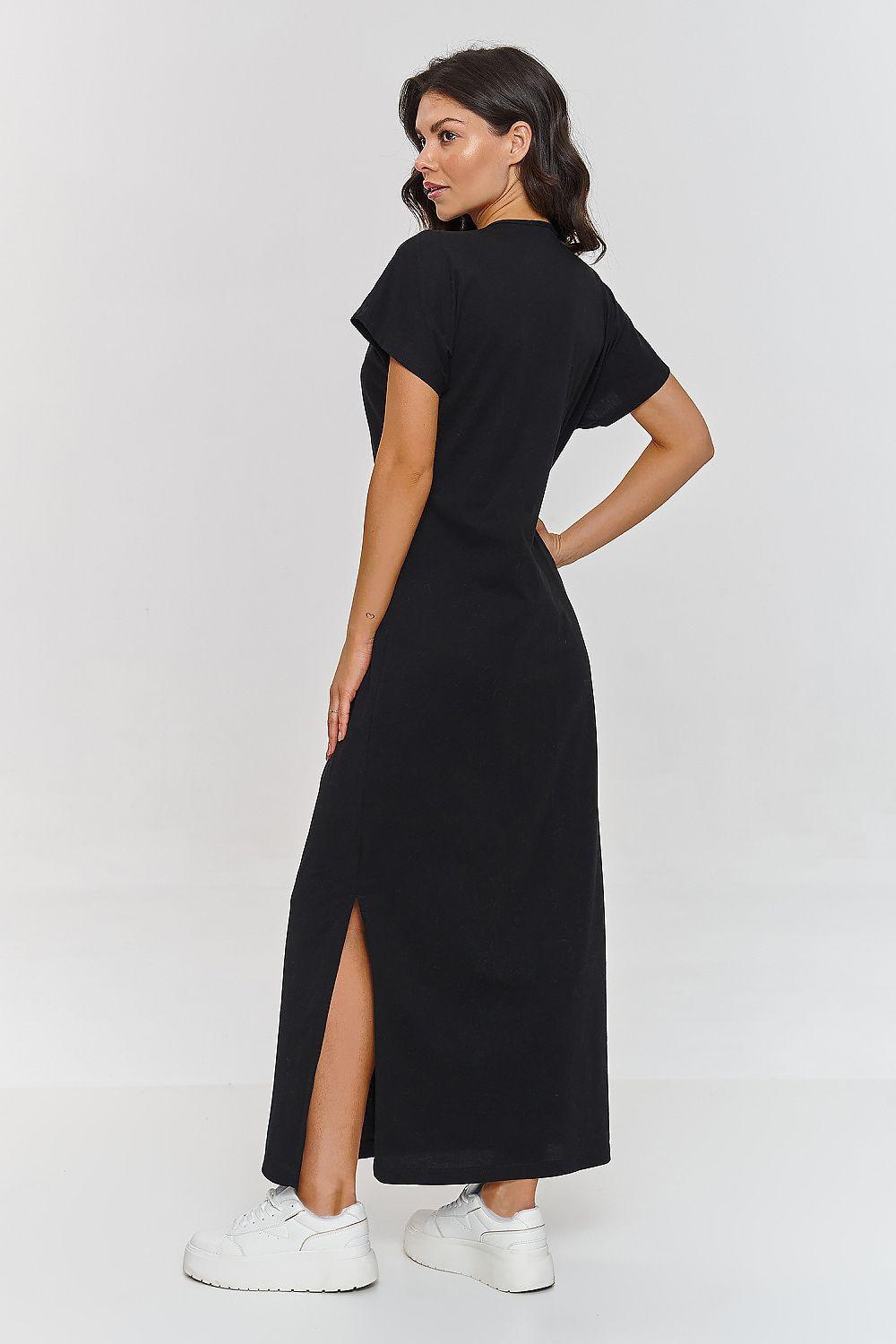 Black midi daydress with short sleeves and high back; side slit hem.