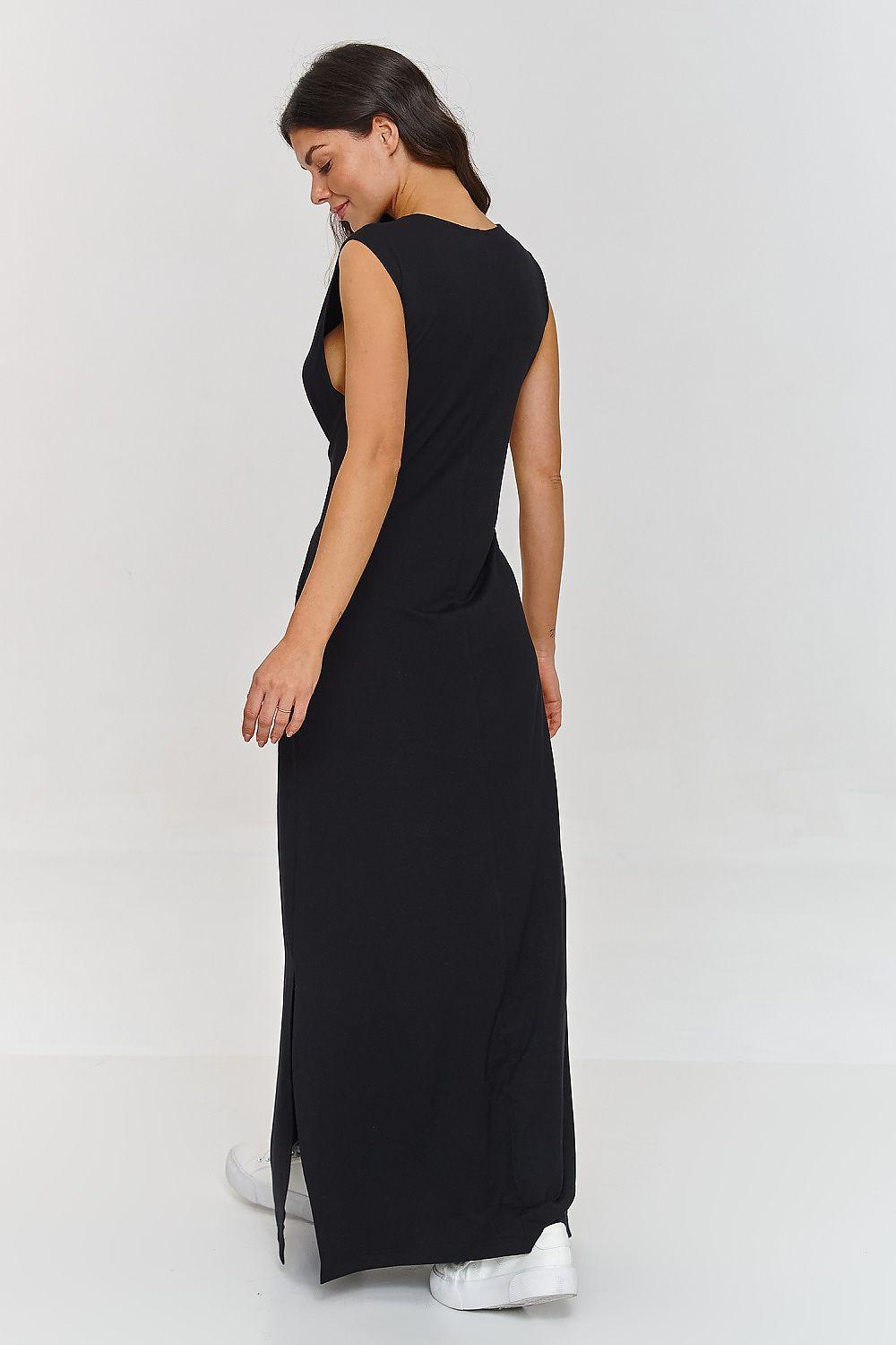Sleeveless black maxi daydress, back view with waist tie and side slit