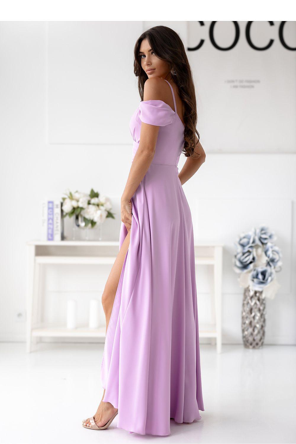 Lavender long dress with off-shoulder neckline, short draped sleeves, and side slit