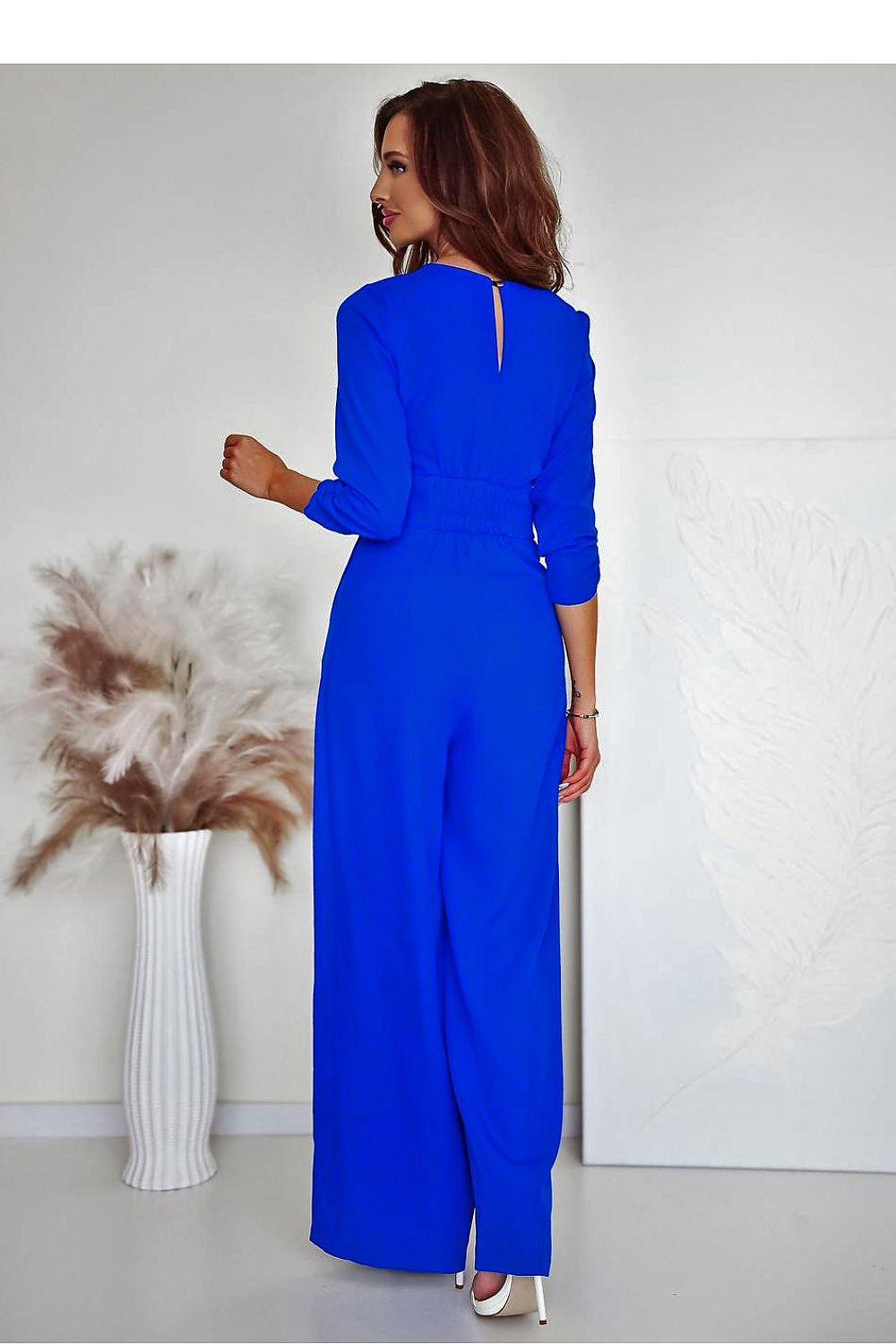 Blue V-neck long-sleeve jumpsuit with back button detail and wide-leg pants