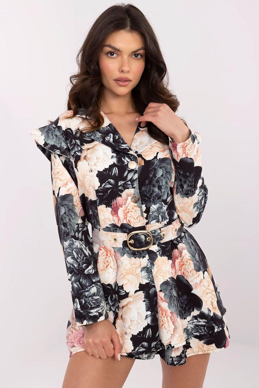 Floral long-sleeve jumpsuit with ruffled collar and belt, multicolor