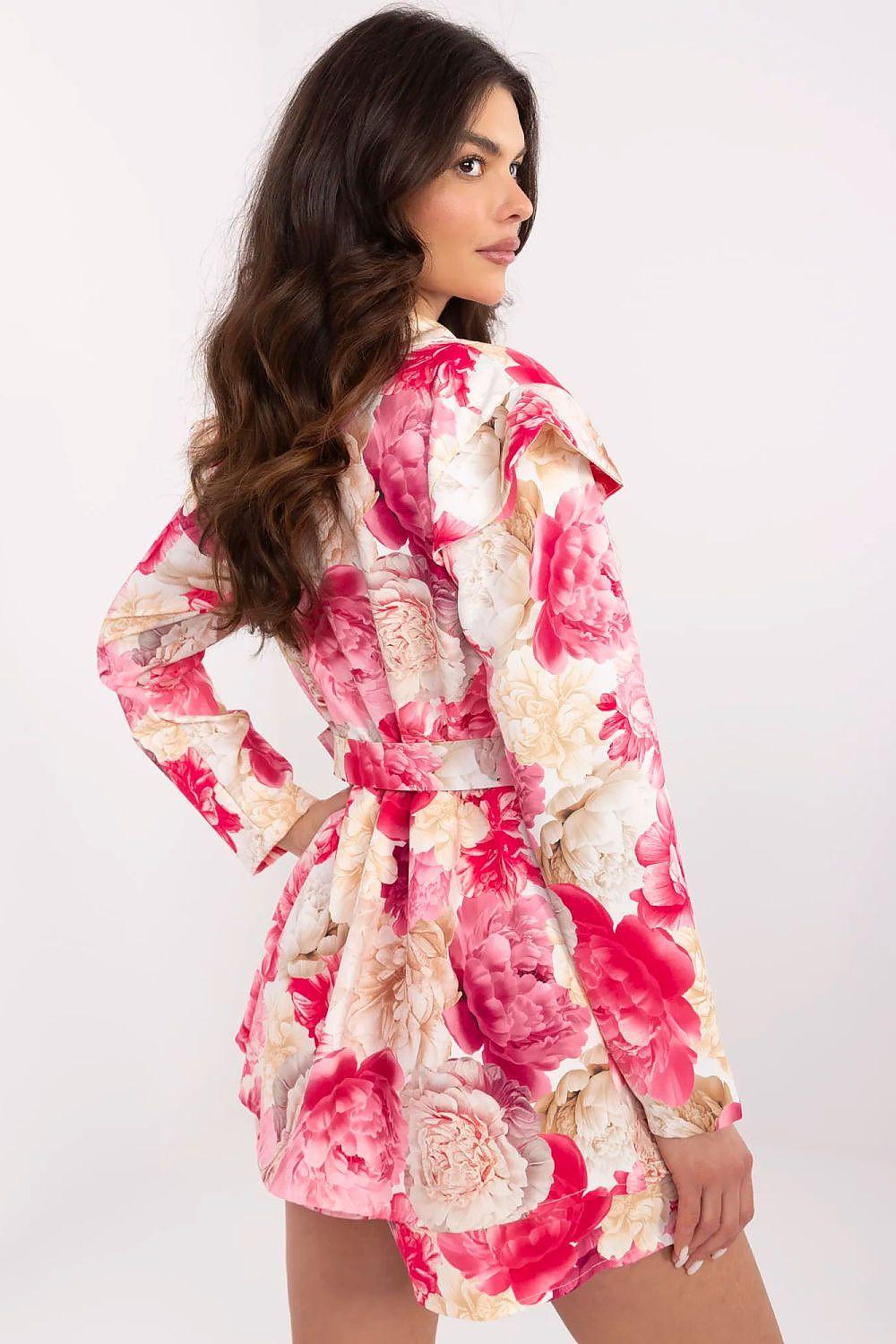 Side-view floral belted long-sleeve mini dress with button front and tie belt, pink/cream