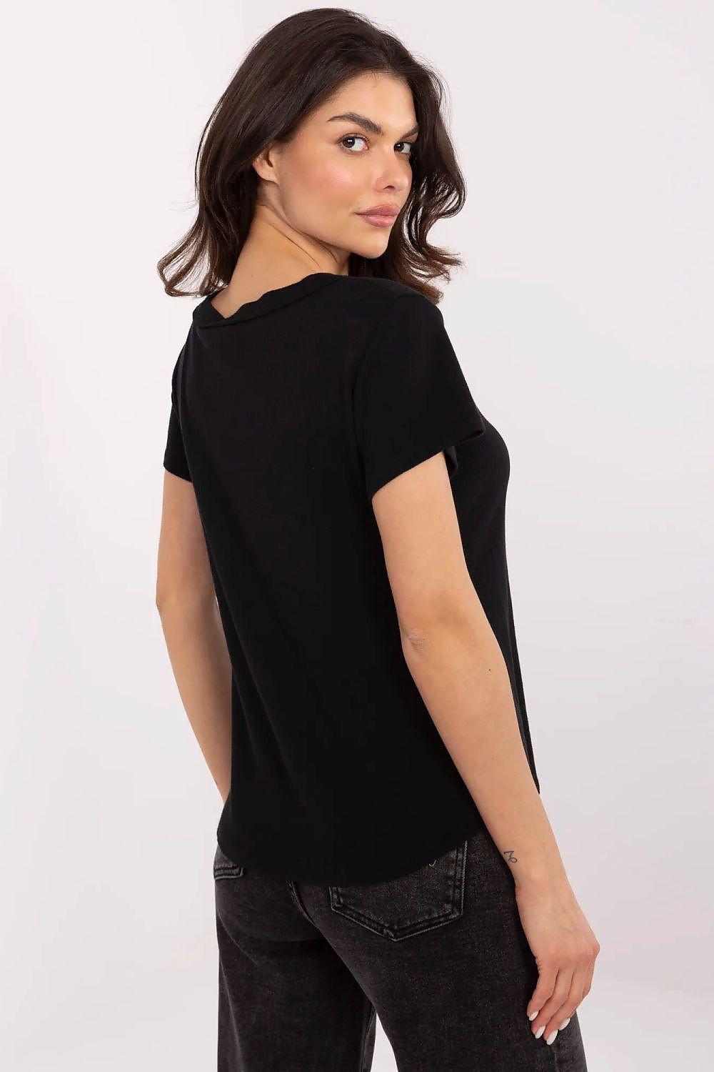 Black ribbed V-neck button-front blouse, back view with short sleeves