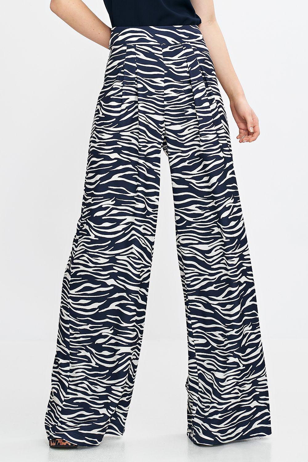 High-waist palazzo trousers with navy zebra print and wide leg