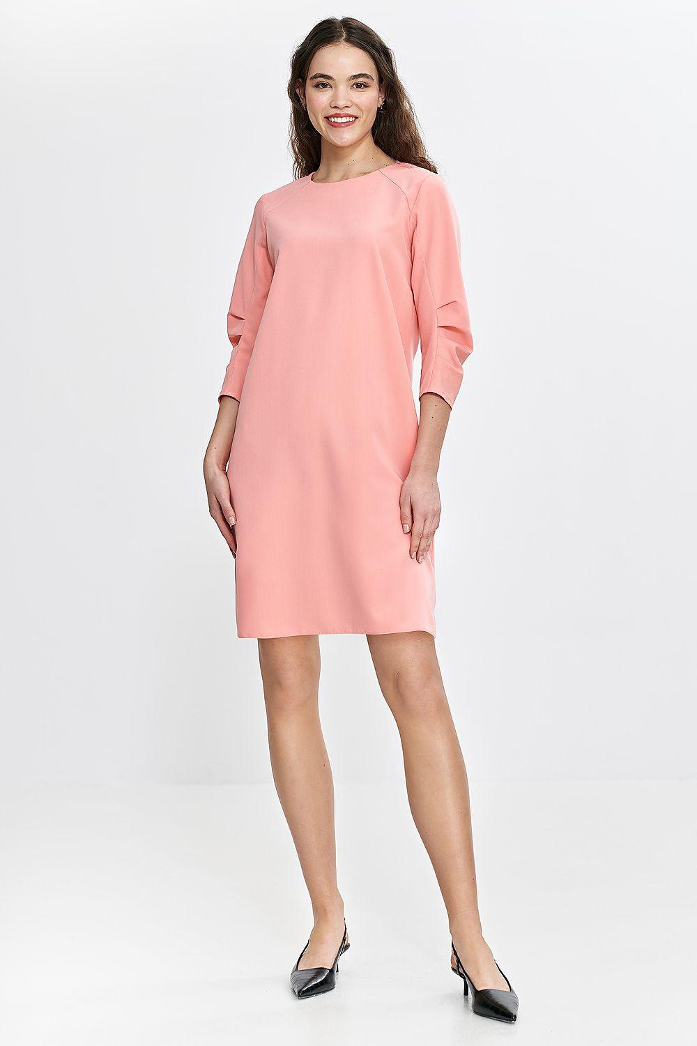 Pink daydress with 3/4 sleeves, crew neck, straight knee-length silhouette