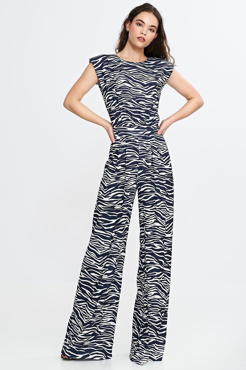 Zebra print palazzo jumpsuit with short sleeves, scoop neck, wide-leg navy and white
