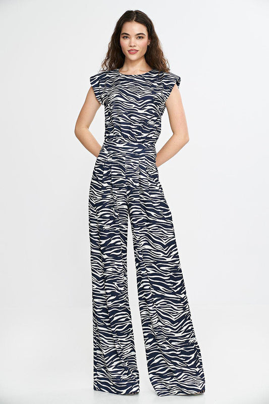 Navy zebra-print sleeveless jumpsuit with fitted waist and wide flared legs